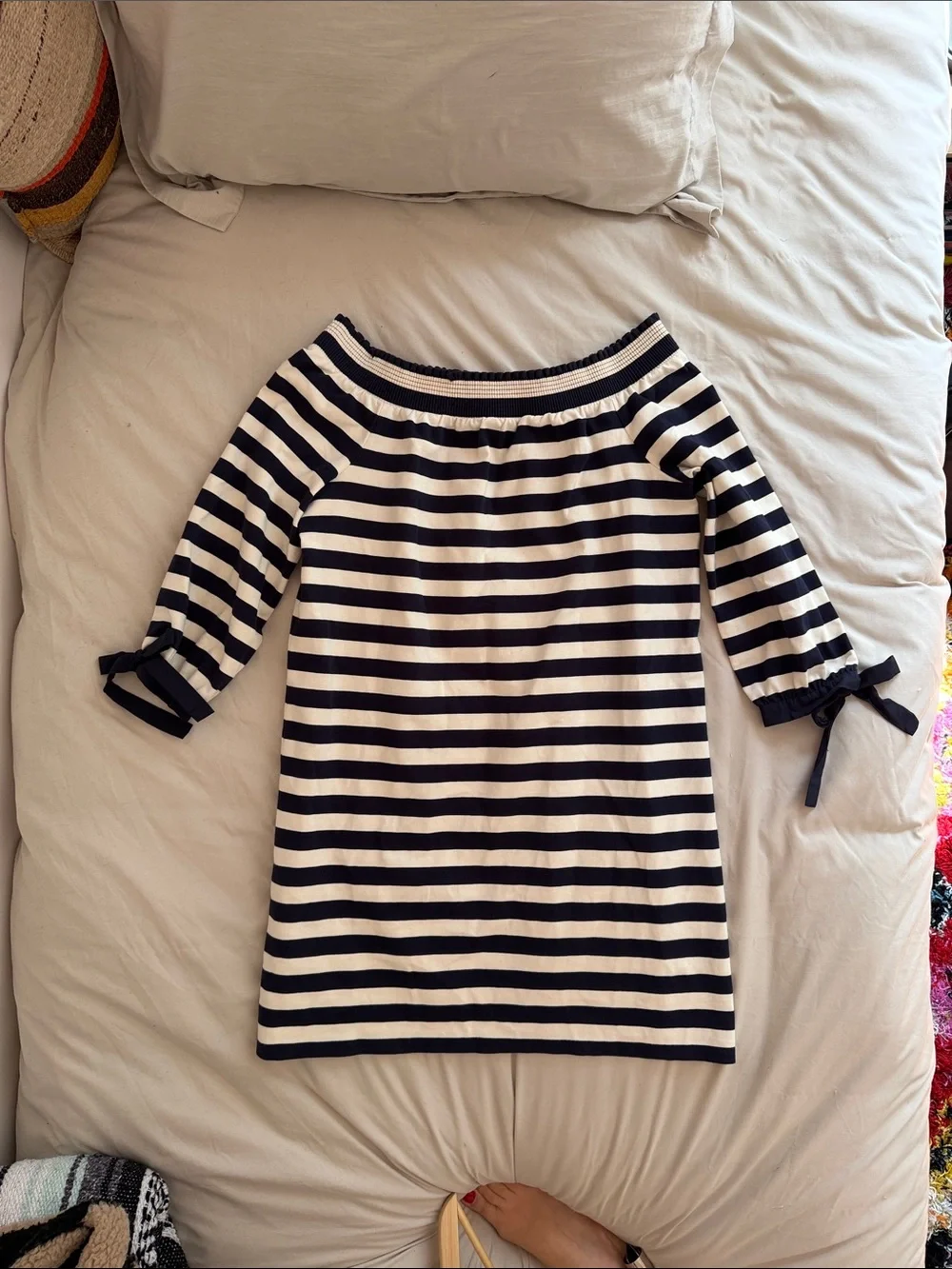 J.Crew Striped Off-Shoulder Tie-Sleeve Shift Dress | Navy Cream | Size S